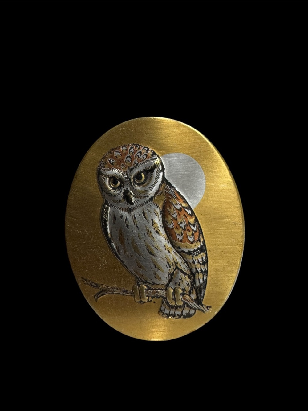 Vintage Reed & Barton Oval Owl Bird Pendant Necklace - Brown Silver